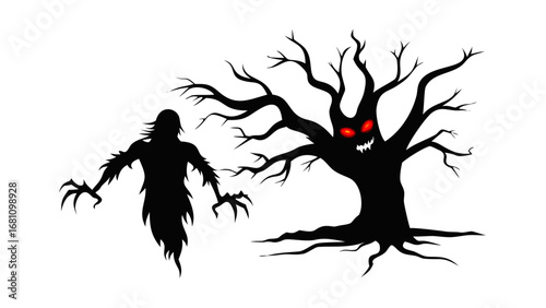 Vector art of scary monster tree with red eyes and zombie silhouette