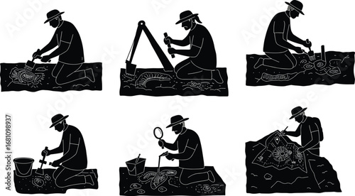 Silhouettes of archaeologist excavating fossils and artifacts, using brushes and tools, analyzing findings, and mapping excavation sites outdoors