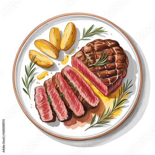 Juicy Steak Slices with Golden Potatoes and Fresh Rosemary on Plate
