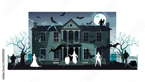 Vector art of spooky haunted house with ghosts and zombies under the moonlight night