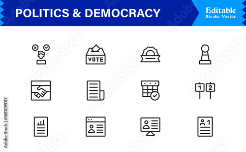 Politics and Democracy line icon set, modern professional vector collection of government, voting, civic rights, election, and policy-related minimal outline illustrations.