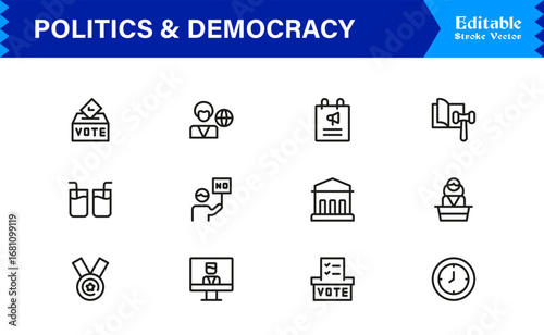 Politics and Democracy line icon set, modern professional vector collection of government, voting, civic rights, election, and policy-related minimal outline illustrations.