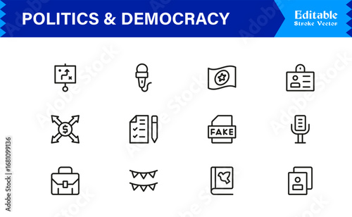 Politics and Democracy line icon set, modern professional vector collection of government, voting, civic rights, election, and policy-related minimal outline illustrations.
