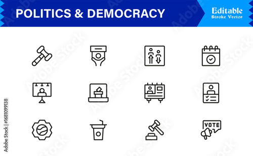 Politics and Democracy line icon set, modern professional vector collection of government, voting, civic rights, election, and policy-related minimal outline illustrations.