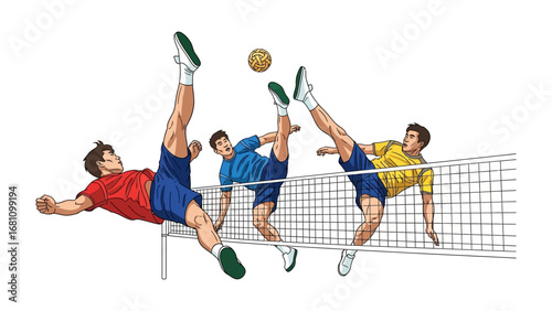Sepak Takraw Action: Dynamic illustration showcasing the athleticism and skillful coordination of a Sepak Takraw match, with players executing acrobatic kicks to propel the rattan ball over the net.