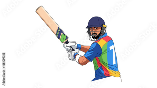 Cricket Player in Action: A skilled cricketer, poised and ready, brandishes a cricket bat with intense focus.