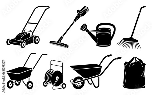 A set of six black and white line drawings illustrating diverse gardening equipment