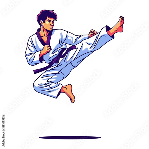 Martial Arts Mastery: A dynamic illustration captures a skilled martial artist executing a powerful high kick. The artwork exudes energy and focus.
