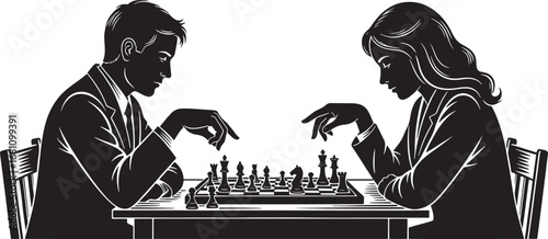 Vector art of man and woman playing chess, strategic board game, intellectual competition, black and white illustration