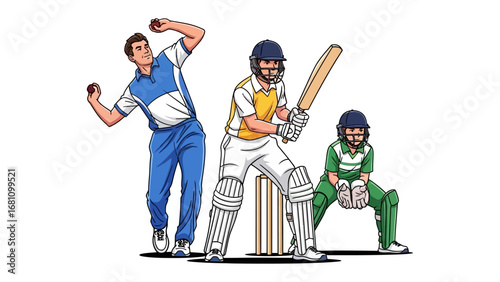 Cricket Action in Play: This illustrates the dynamic action of cricket with batsman, bowler and wicket-keeper in a game. Emphasizing teamwork, action, and sporting spirit.
