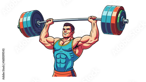 Strength and Determination: A muscular figure embodies strength and determination, confidently lifting a heavy barbell overhead in a photorealistic style.