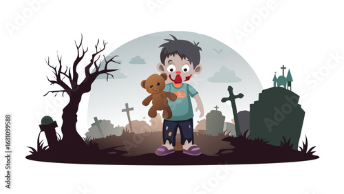 Vector art of a zombie boy with a teddy bear stands in a cemetery
