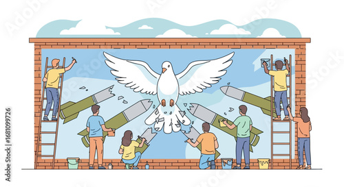 A group of people collaboratively paint a large anti-war mural of a peace dove breaking missiles on a brick wall.