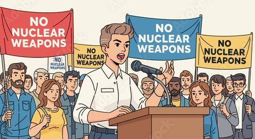A young activist passionately addresses a crowd, advocating for nuclear disarmament at a protest rally.
