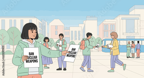 Young activists distribute leaflets advocating for a ban on nuclear weapons in a city setting.