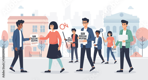 Protestors march through city streets, distributing leaflets and signs advocating for change.