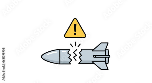 Broken missile with warning sign, signifying failure or disarmament.