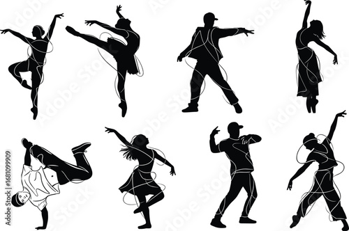Silhouettes of ballet and hip-hop dancers in dynamic poses, dance performance, contemporary and street dance styles with flowing ribbons