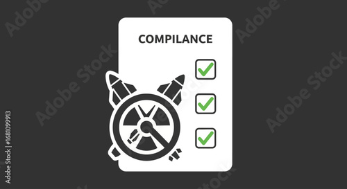 A nuclear arms compliance checklist with a radiation symbol and rockets icon, indicating successful verification and approval of regulations.