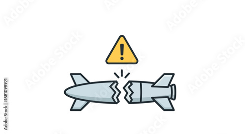 A cartoon illustration of a broken missile or rocket with a yellow warning sign above, symbolizing failure, malfunction, or a system error.