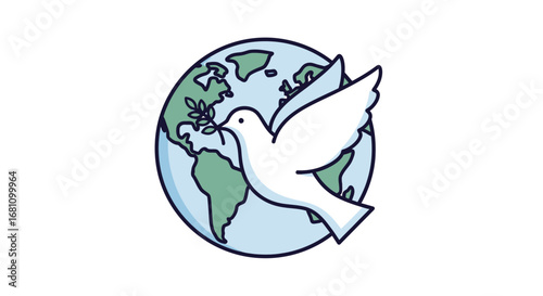 A stylized illustration of a white peace dove holding an olive branch, flying in front of planet Earth.