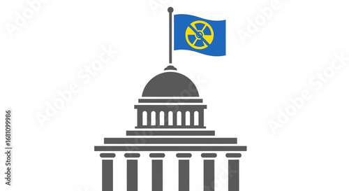 A government capitol building flying a blue and yellow flag with an anti-nuclear symbol.