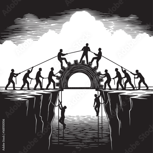 Vector art of team of people pulling ropes to form a bridge over a chasm, symbolizing teamwork and collaboration