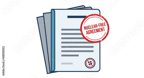An illustration of a legal document with a red stamp signifying a nuclear-free agreement.