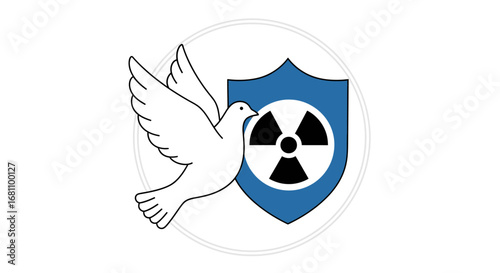 A white peace dove flies beside a blue shield bearing a black nuclear radiation symbol.