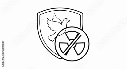 Black and white line art illustration of a shield with a flying dove, overlaid with a crossed-out nuclear symbol, signifying peace and anti-nuclear sentiment.