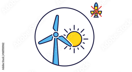 An icon depicting clean energy sources, a wind turbine and sun, with a crossed-out missile, symbolizing peace and sustainability.