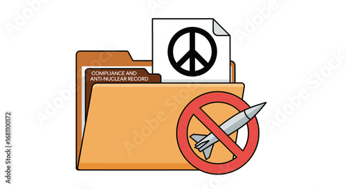 An open folder labeled "Compliance and Anti-Nuclear Record" featuring a peace symbol document and a prominent no-missile prohibition sign.