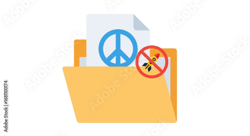 A file folder contains a document with a blue peace symbol and a red anti-missile prohibition sign.
