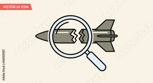 A magnifying glass examines a broken missile, symbolizing failure or inspection.
