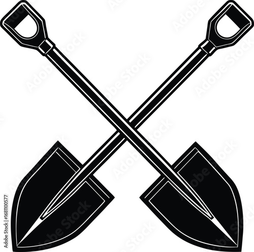 Crossed spade and shovel construction and gardening tool silhouette for banners
