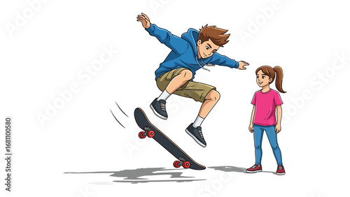 Skateboarder's Grace: A young skateboarder executes a daring trick in mid-air, capturing the thrill of action and freedom while a friend watches with admiration.