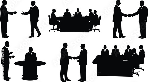 Silhouettes of businesspeople shaking hands, negotiating, and having meetings around tables, representing corporate collaboration and professionalism