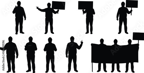 Silhouettes of construction workers holding protest signs and a large banner, wearing hard hats in various standing poses