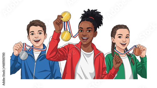 Youthful Triumph: Capturing the jubilant faces of young athletes as they proudly display their medals, celebrating the spirit of competition and personal achievement.