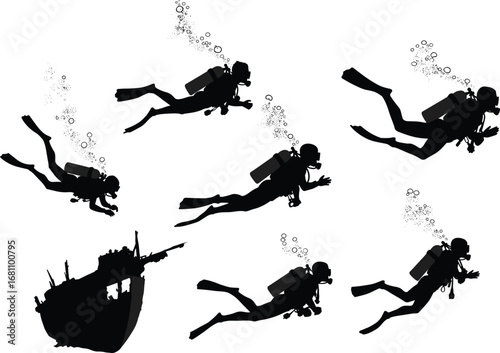 Silhouettes of scuba divers underwater exploring a sunken shipwreck, releasing air bubbles, in an adventurous and aquatic scene.