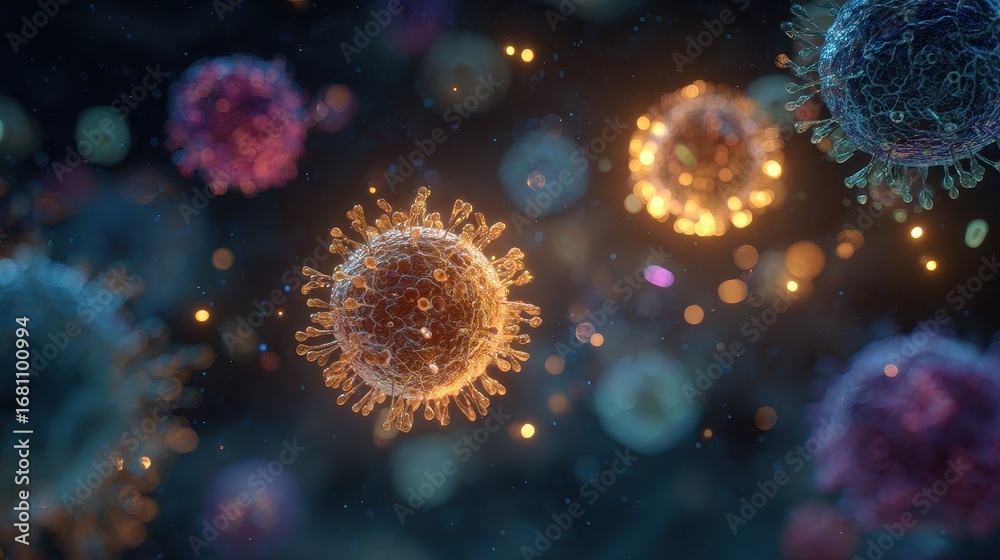 Fototapeta premium Virus vs immunity, glowing cells in microscopic battle, 3D illustration.