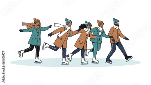 Winter Glide: Group ice skating with friends in coats and scarves, embodies the joyful spirit of a winter adventure on ice, spreading a feeling of togetherness, connection and playfulness.