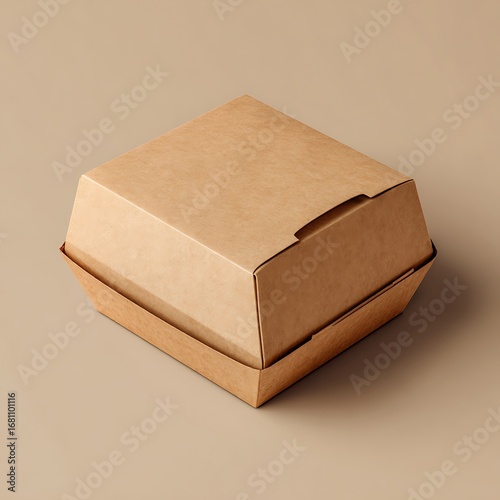 **Premium Mockup Of A Plain Recyclable Kraft Paper Burger Box, Neatly Closed, Photographed From A Slightly Elevated Front Angle On A Seamless Neutral Background. The Surface Of The Box Is Smooth, Logo