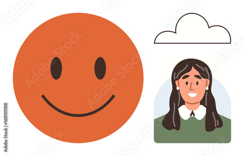 Large orange smiling face, a fluffy cloud shape, and a portrait of a woman with earrings and long hair. Ideal for happiness, positivity, communication, self-expression, creativity, social