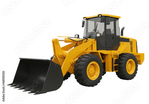 Isolated yellow wheel loader with articulated steering construction equipment, no background
