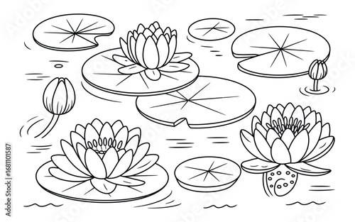 Fototapete Black and white sketch of water lilies and lily pads on water