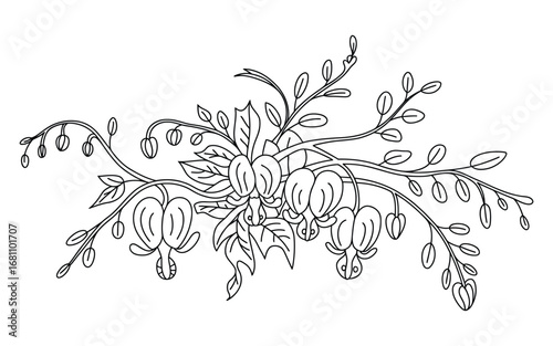 Delicate bleeding heart flower branch illustration