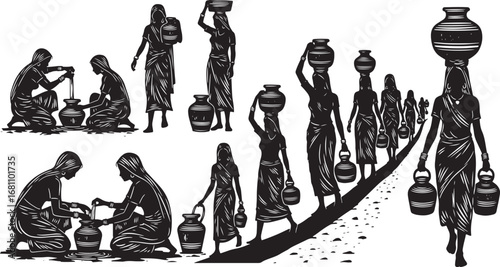 Vector art of women carrying water pots on their heads and pouring water from pots in a village scene