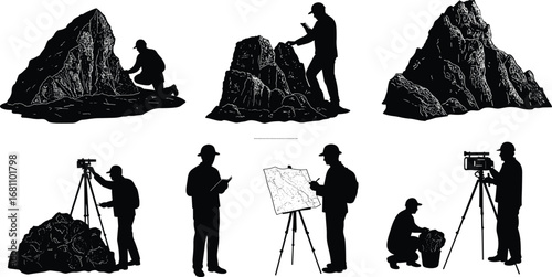 Silhouettes of geologists surveying rock formations, examining samples, using maps and tripods, and recording geological data in the field
