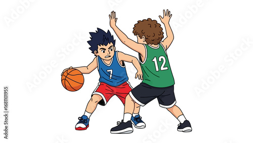 Basketball Players' Intense Match: Two young basketball players, one dribbling the ball with focused determination and the other attempting to block the shot.